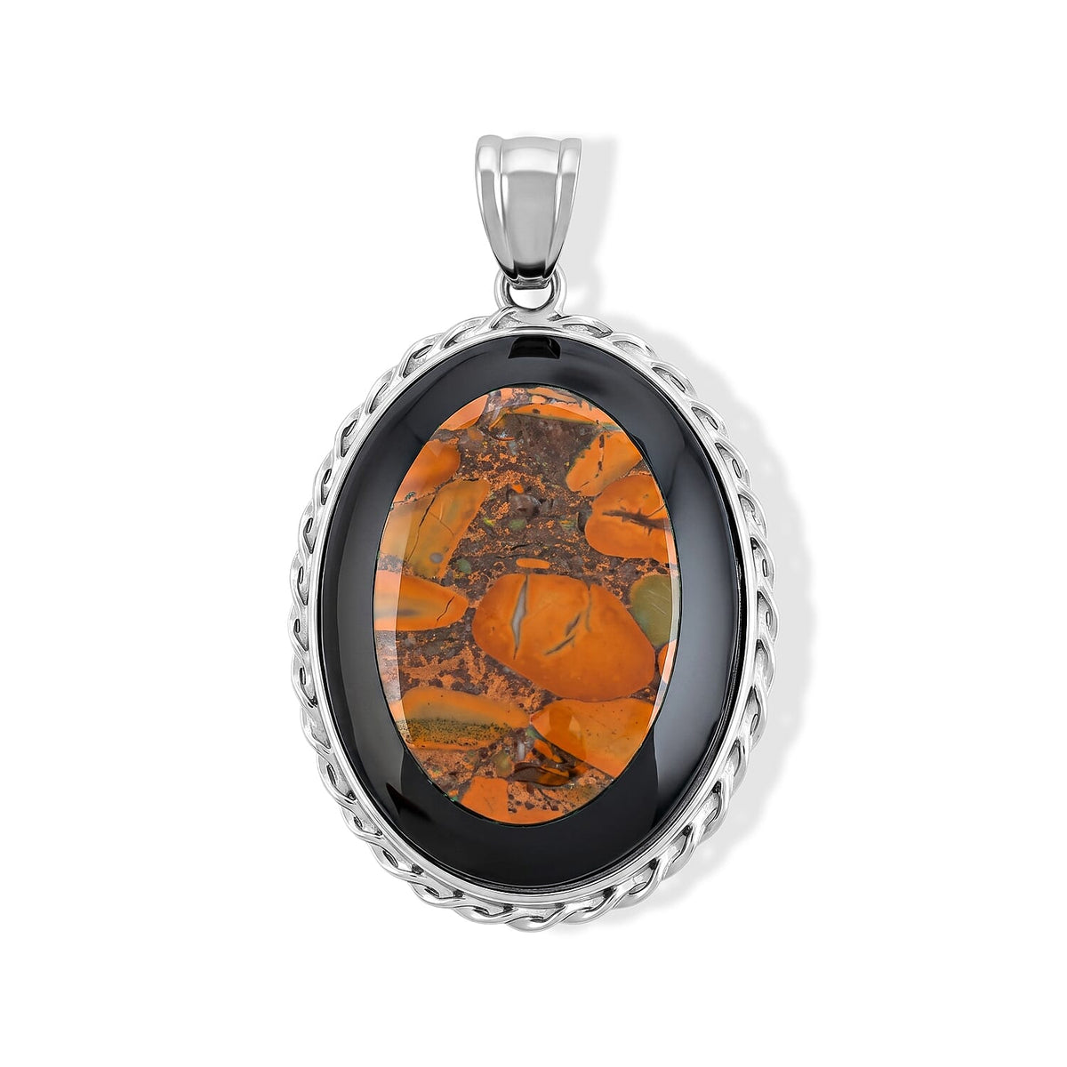 Flower Picture Jasper,Blackstone 50.50 ctw Pendant in Silvertone