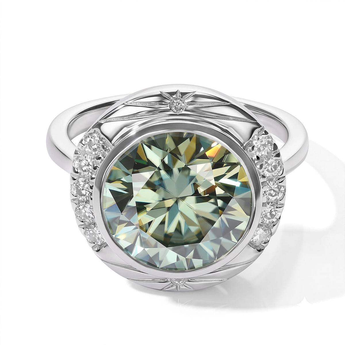 Certified and Appraised D''Joy Mint Green and White Moissanite (Rnd 11mm) Ring in Rhodium Over Sterling Silver (Size 6.0) 4.80 ctw