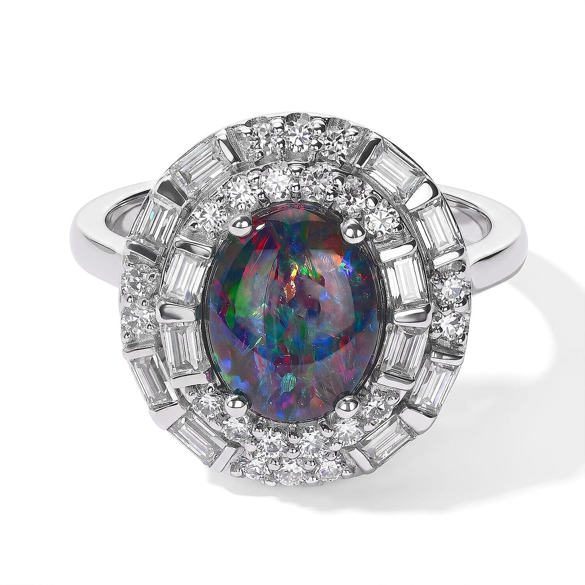 Certified and Appraised D''Joy Premium Australian Black Ridge Opal Triplet, Moissanite Ring in Rhodium Over Sterling Silver (Size 6.0) 2.58 ctw