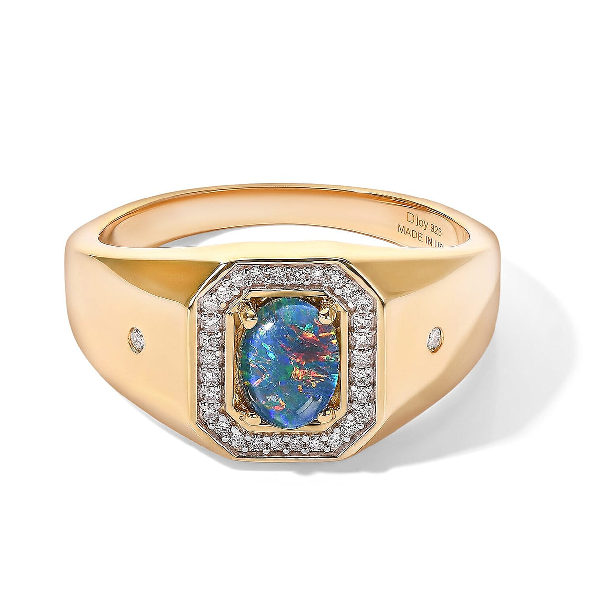 D''Joy Premium Australian Black Ridge Opal Triplet, Moissanite Galactic Signet Men''s Ring in 18K Vermeil YG Over Sterling Silver (Size 10.0) 1.10 ctw