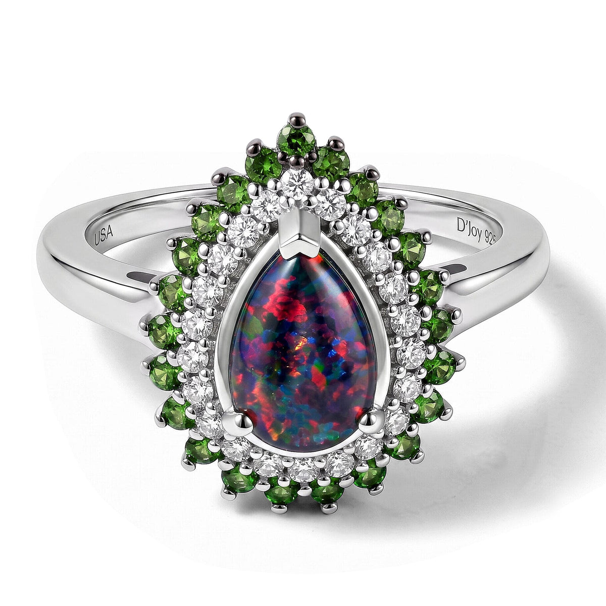 D''Joy Premium Australian Black Ridge Opal Triplet, Multi Gemstone Celestial Splendor Ring in Rhodium Over Sterling Silver (Size 10.0) (Ships in 10-12 Days) 1.65 ctw