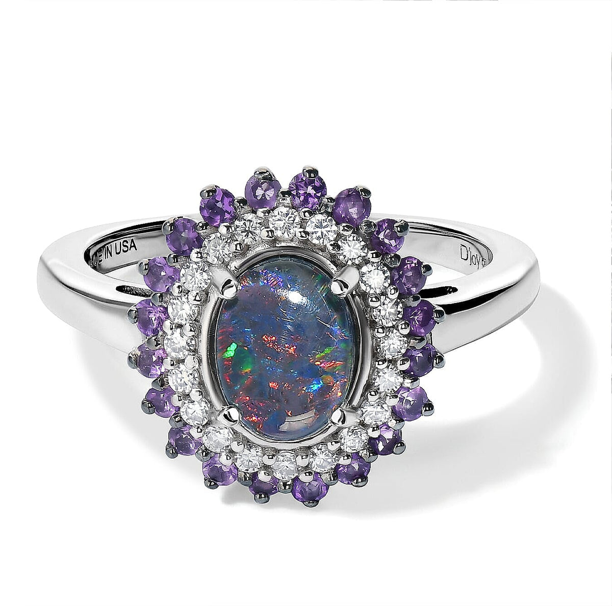 D''Joy Premium Australian Black Ridge Opal Triplet, Multi Gemstone Celestial Splendor Ring in Rhodium Over Sterling Silver (Size 10.0) (Ships in 10-12 Days) 1.40 ctw