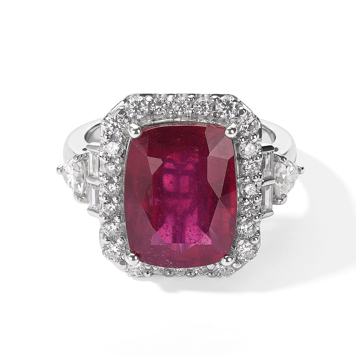 Certified & Appraised D''Joy Premium Niassa Ruby (FF), Moissanite Ring in Rhodium Over Sterling Silver (Size 10.0) 10.00 ctw