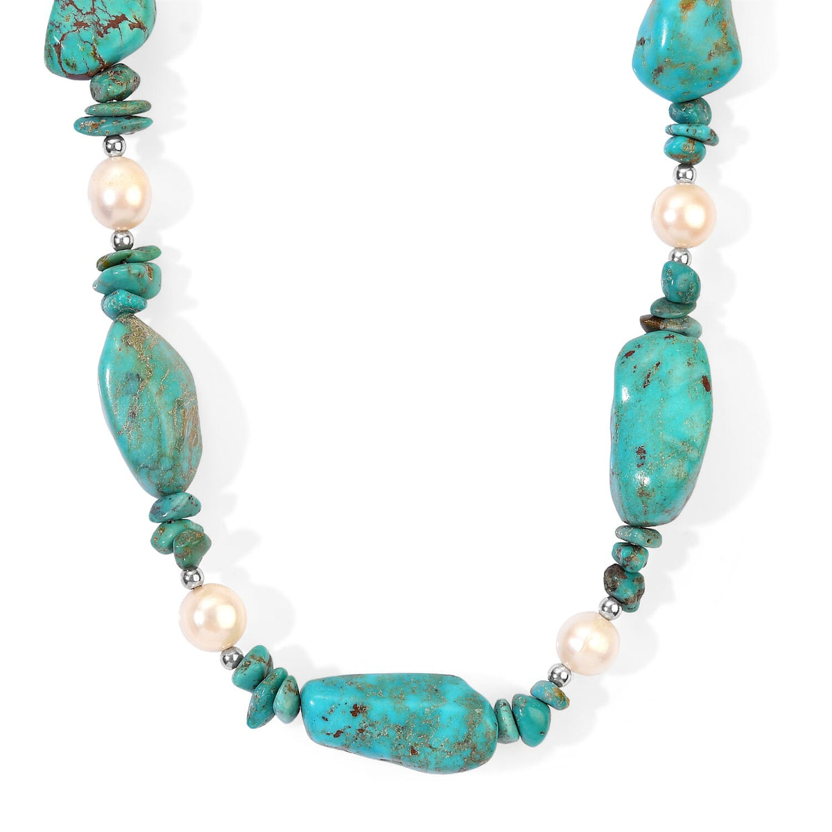 D''Joy Royal Hubei Turquoise 290.00 ctw and Freshwater Pearl Necklace in Rhodium Over Sterling Silver 20 Inches