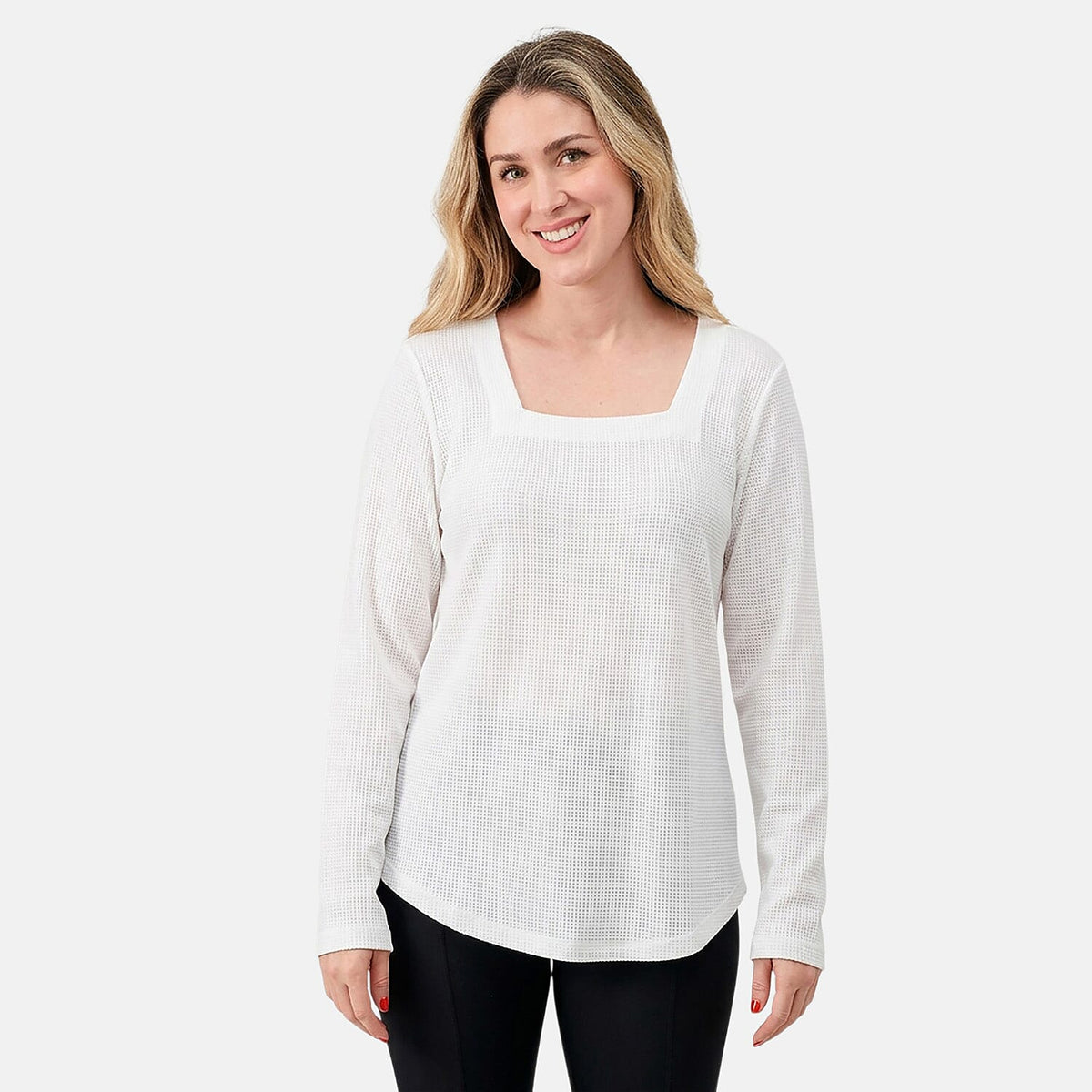 Susan Graver White Square Neck Waffle Knit Top-3XL