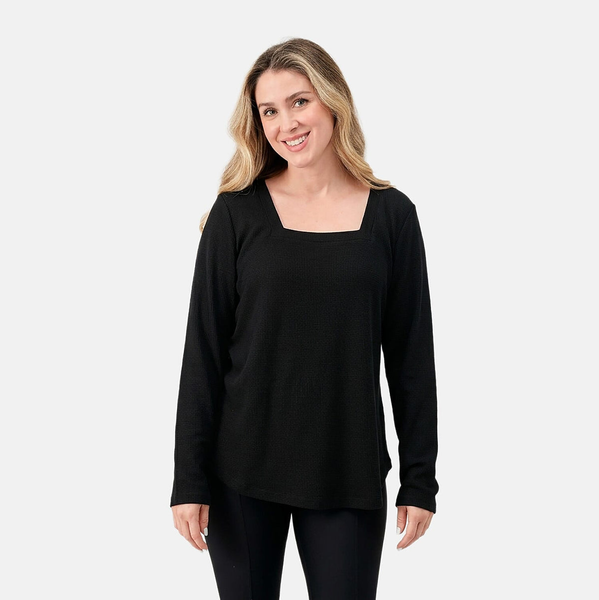 Susan Graver Black Square Neck Waffle Knit Top -M