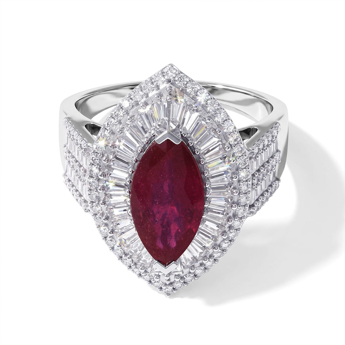 D''Joy Niassa Ruby (FF), Moissanite Ring in Rhodium Over Sterling Silver (Size 10.0) 6.00 ctw