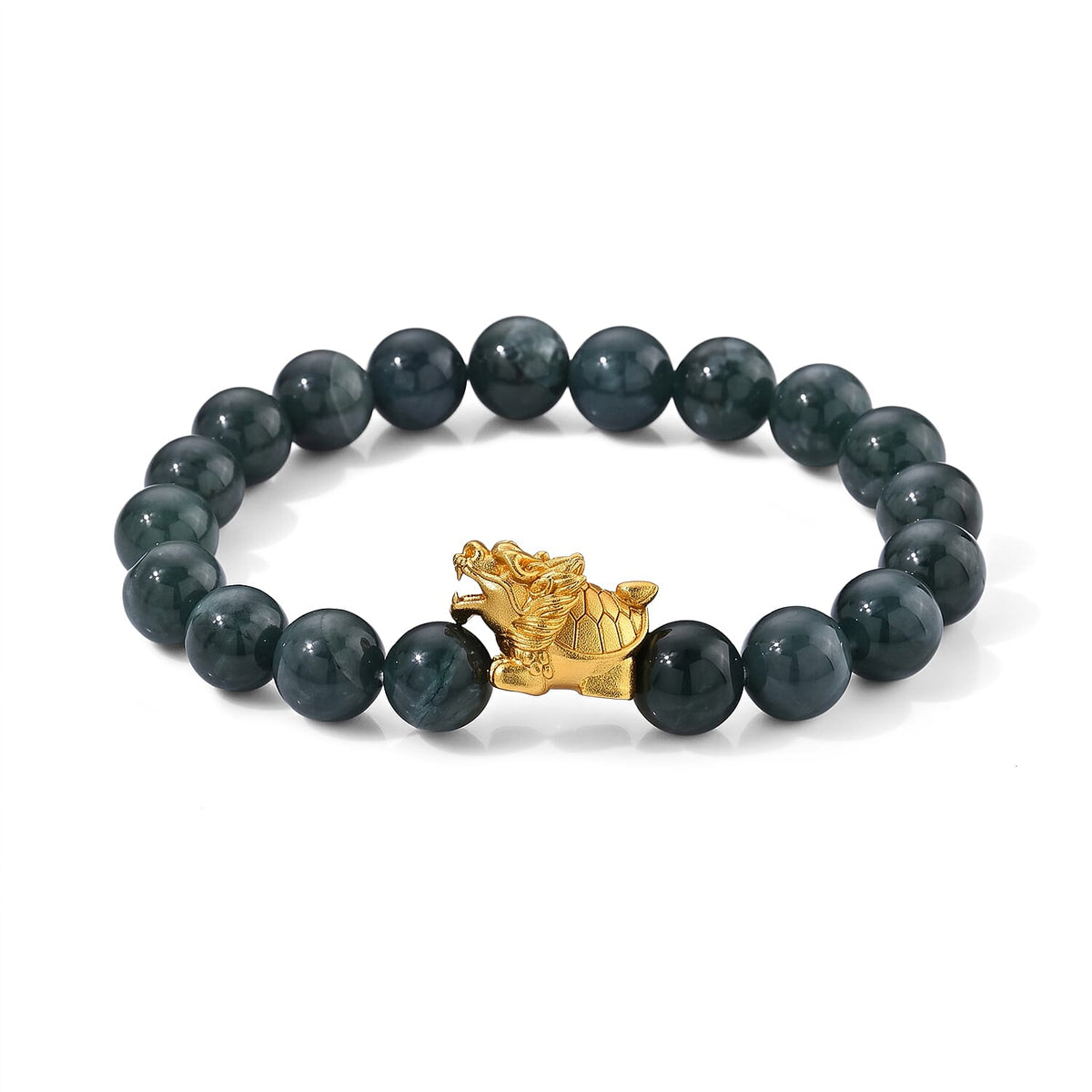Natural Olmec Jadeite Beaded Stretch Bracelet with Bixi Dragon Turtle in Goldtone (6.5-7.0In) 140.00 ctw