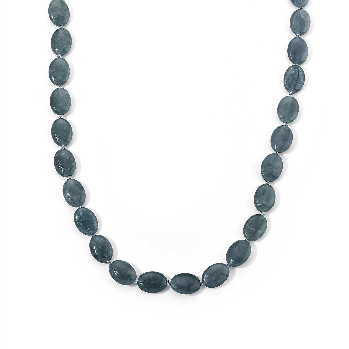 D''Joy Natural Olmec Jadeite Beaded Oval Necklace (20-22 Inches) in Rhodium Over Sterling Silver 390.00 ctw