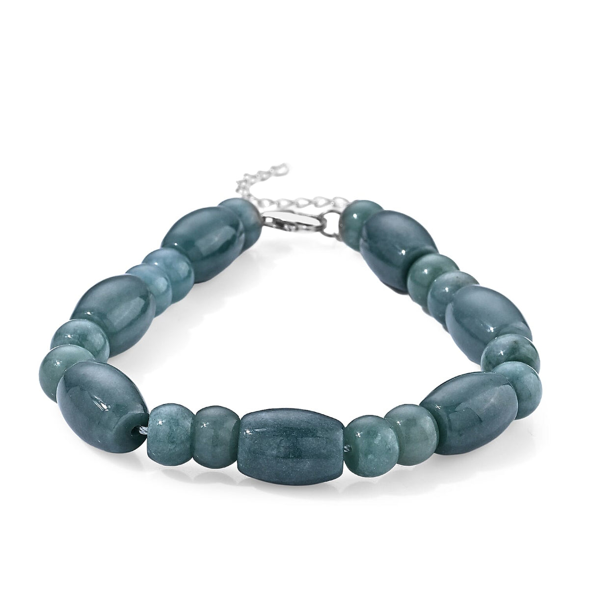 D''Joy Natural Olmec Jadeite Beaded Bracelet in Rhodium Over Sterling Silver (7.5-9.5In) 150.00 ctw