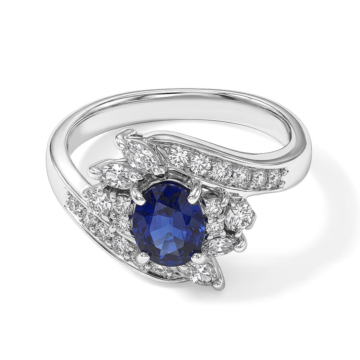 900 White Platinum AAAA Kanchanaburi Blue Sapphire, White Diamond (SI) Ring (Size 6.0) (6.00 g) 1.40 ctw