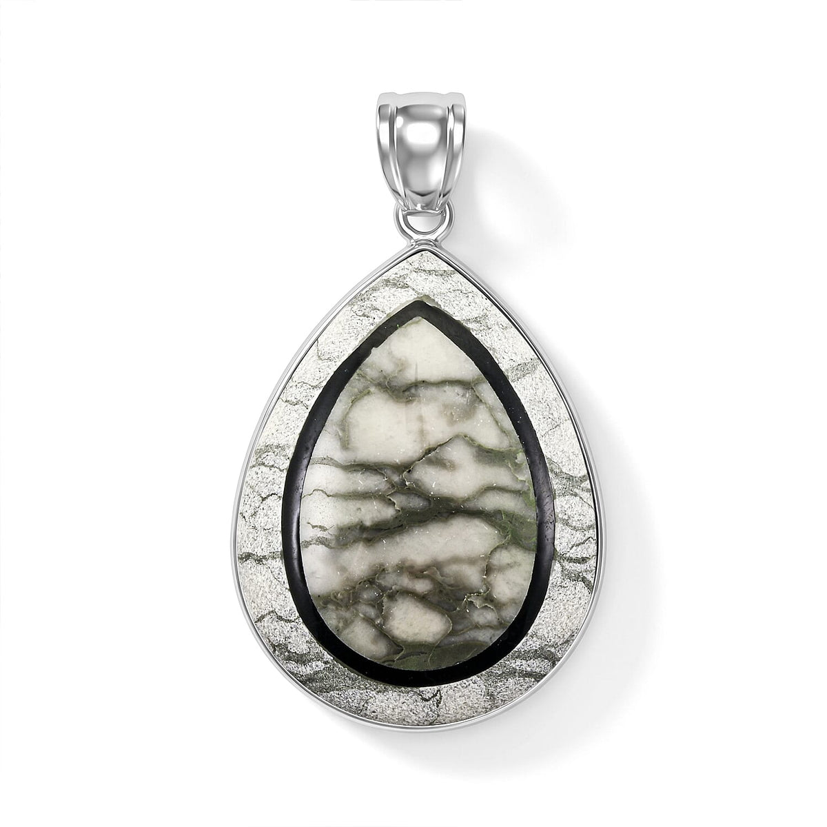 Crazy Lace Agate and Black Agate 55.00 ctw Pear Pendant without Chain in Stainless Steel