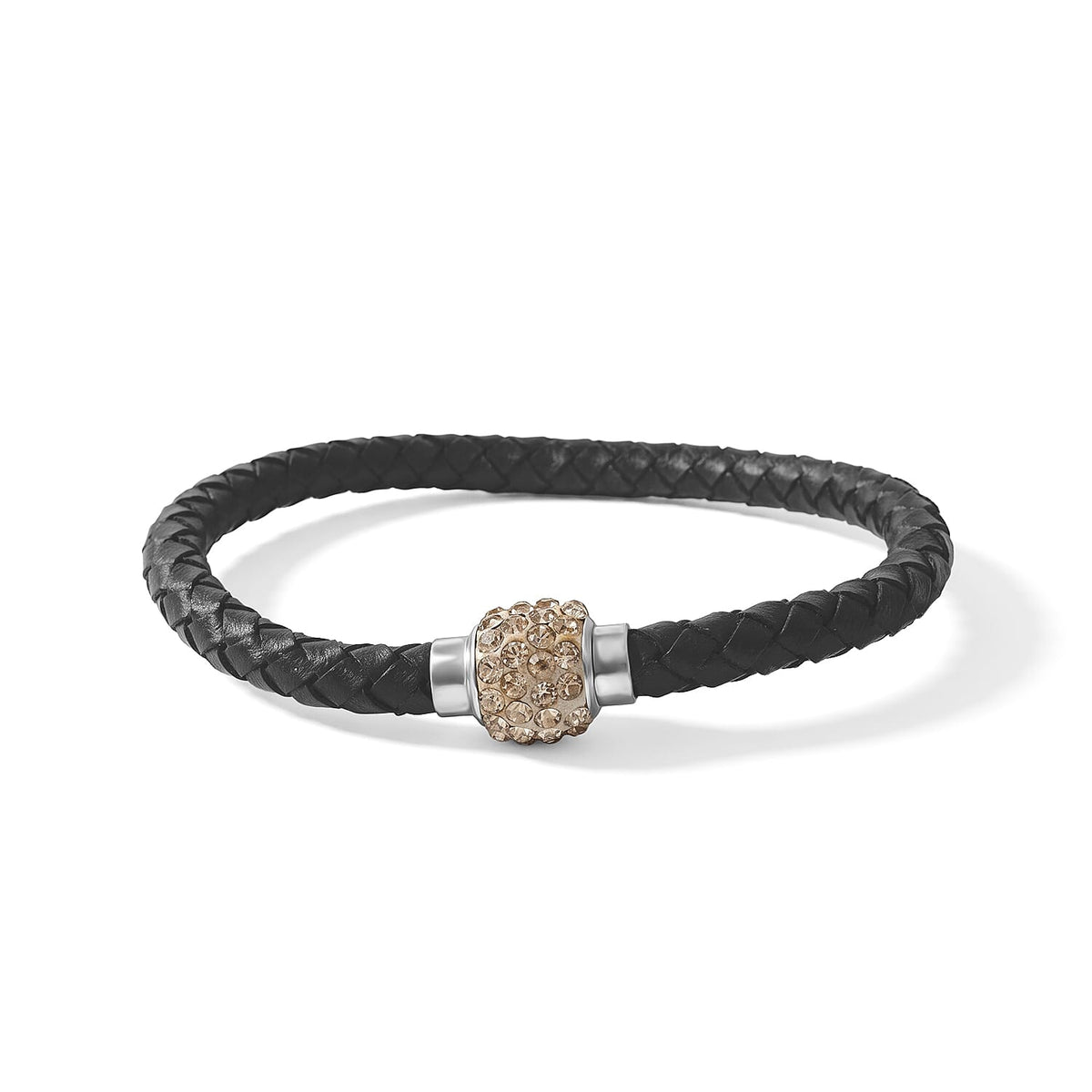 Magnetic Lock White Crystal Brown Leather Bracelet in Silvertone (7.00 In)