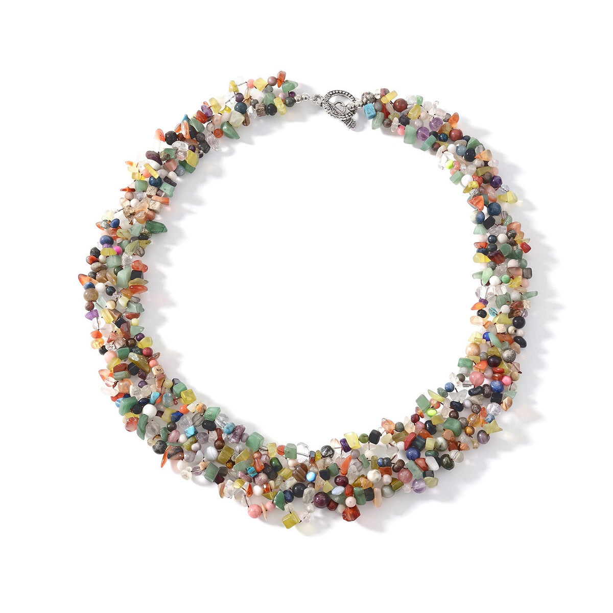 Assorted Multi Gemstone Fiber Optic Chips in Necklace (20 Inches) in Silvertone 665.00 ctw