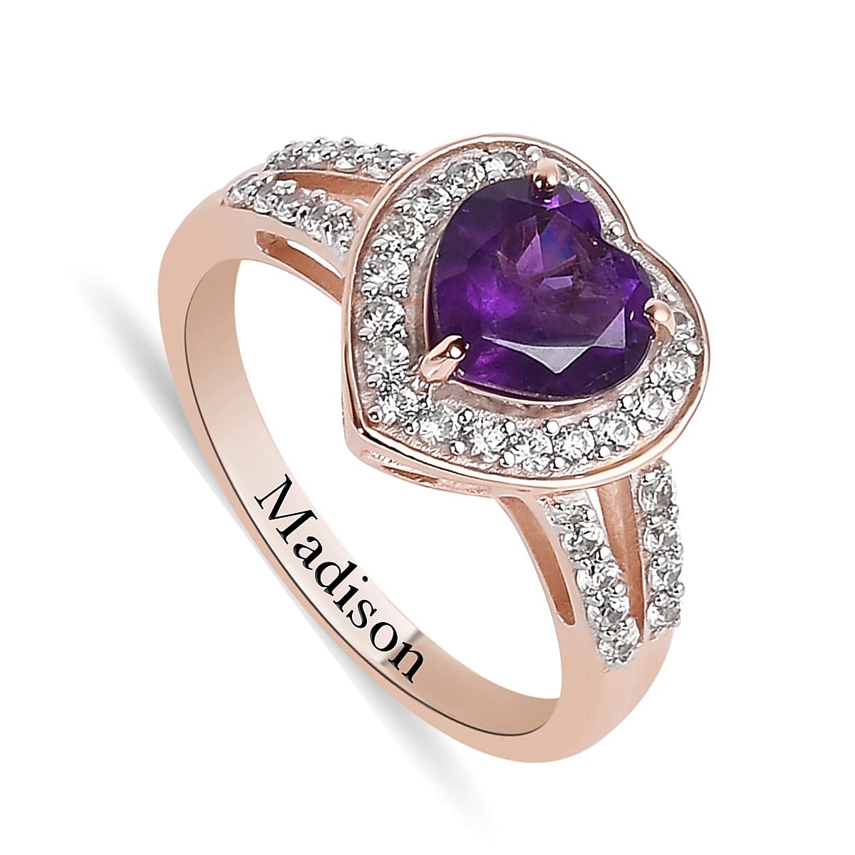 Amethyst, White Zircon Heart Ring in Platinum Over Sterling Silver (Size 6.0) 2.50 ctw
