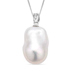 White Edison Pearl, White Zircon Pendant Necklace (18 Inches) in Rhodium Over Sterling Silver 0.06 ctw