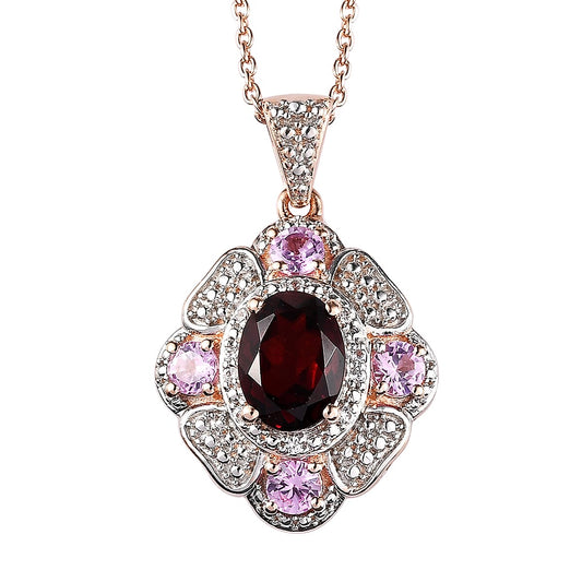 Premium Mozambique Garnet, Multi Gemstone Pendant Necklace (20 Inches) in 18K Vermeil RG Over Sterling Silver 2.35 ctw