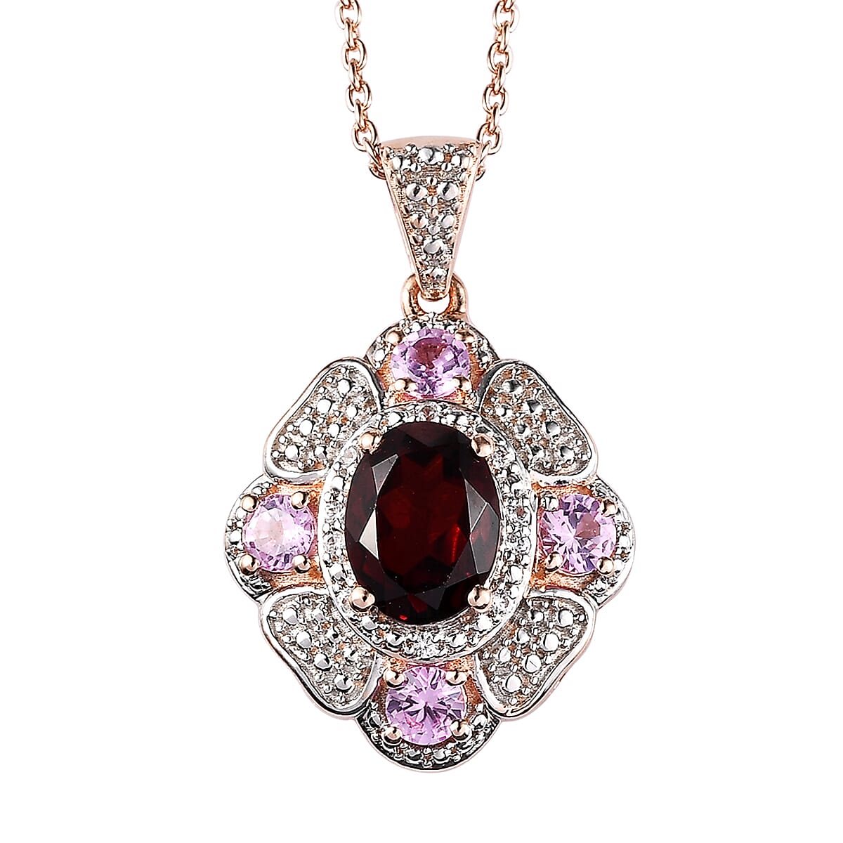 Premium Mozambique Garnet, Multi Gemstone Pendant Necklace (20 Inches) in 18K Vermeil RG Over Sterling Silver 2.35 ctw