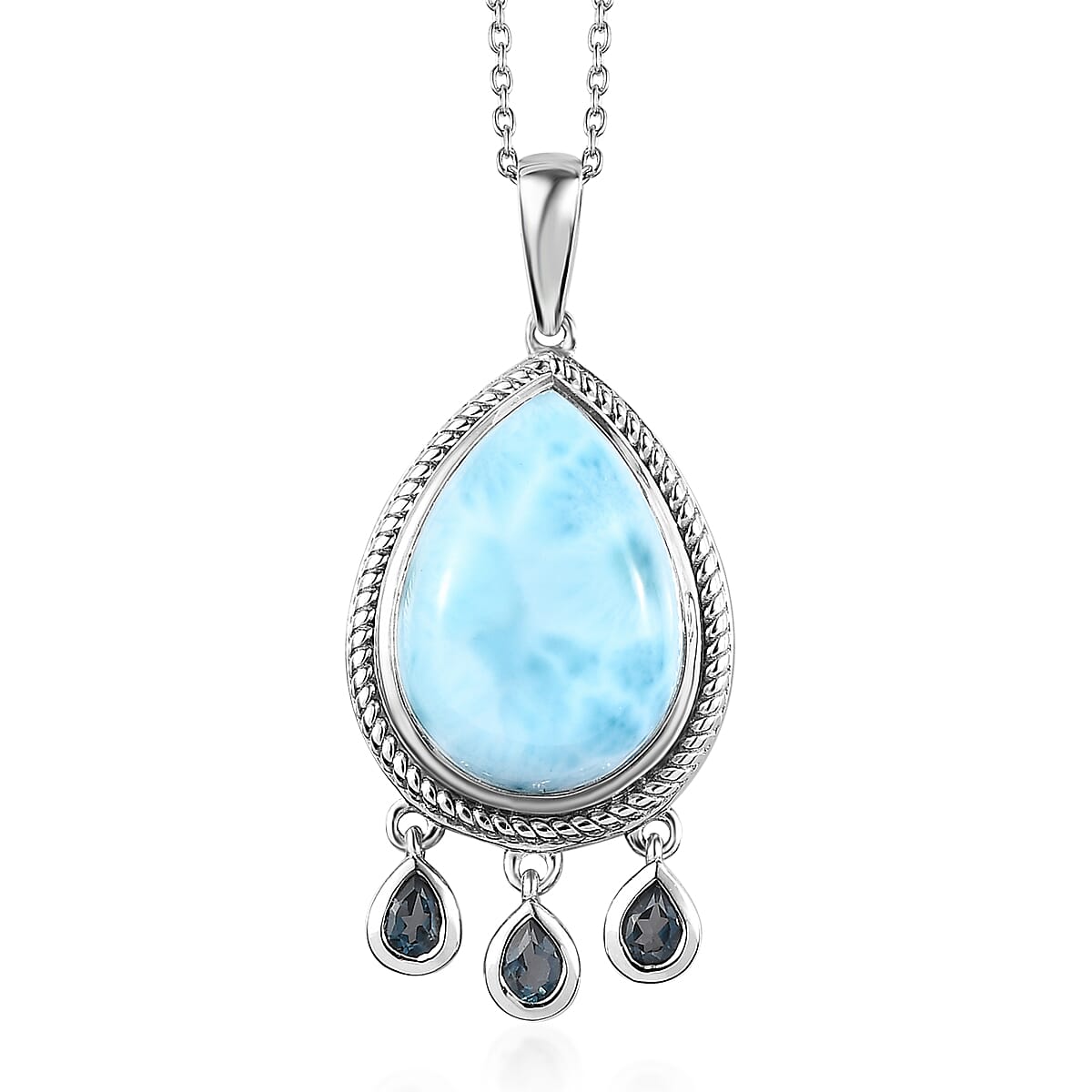 Premium Larimar, London Blue Topaz Pendant Necklace (20 Inches) in Rhodium Over Sterling Silver 12.50 ctw