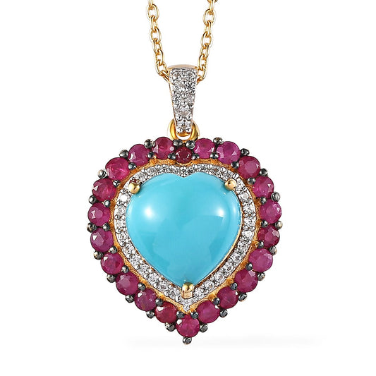 Premium Turquoise, Multi Gemstone Pendant Necklace (20 Inches) in 18K Vermeil YG Over Sterling Silver 4.00 ctw
