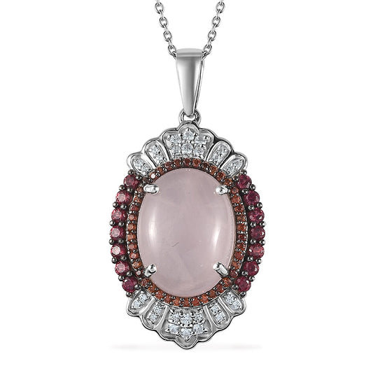 Premium Galilea Rose Quartz, Multi Gemstone Pendant Necklace (20 Inches) in Rhodium Over Sterling Silver 11.00 ctw