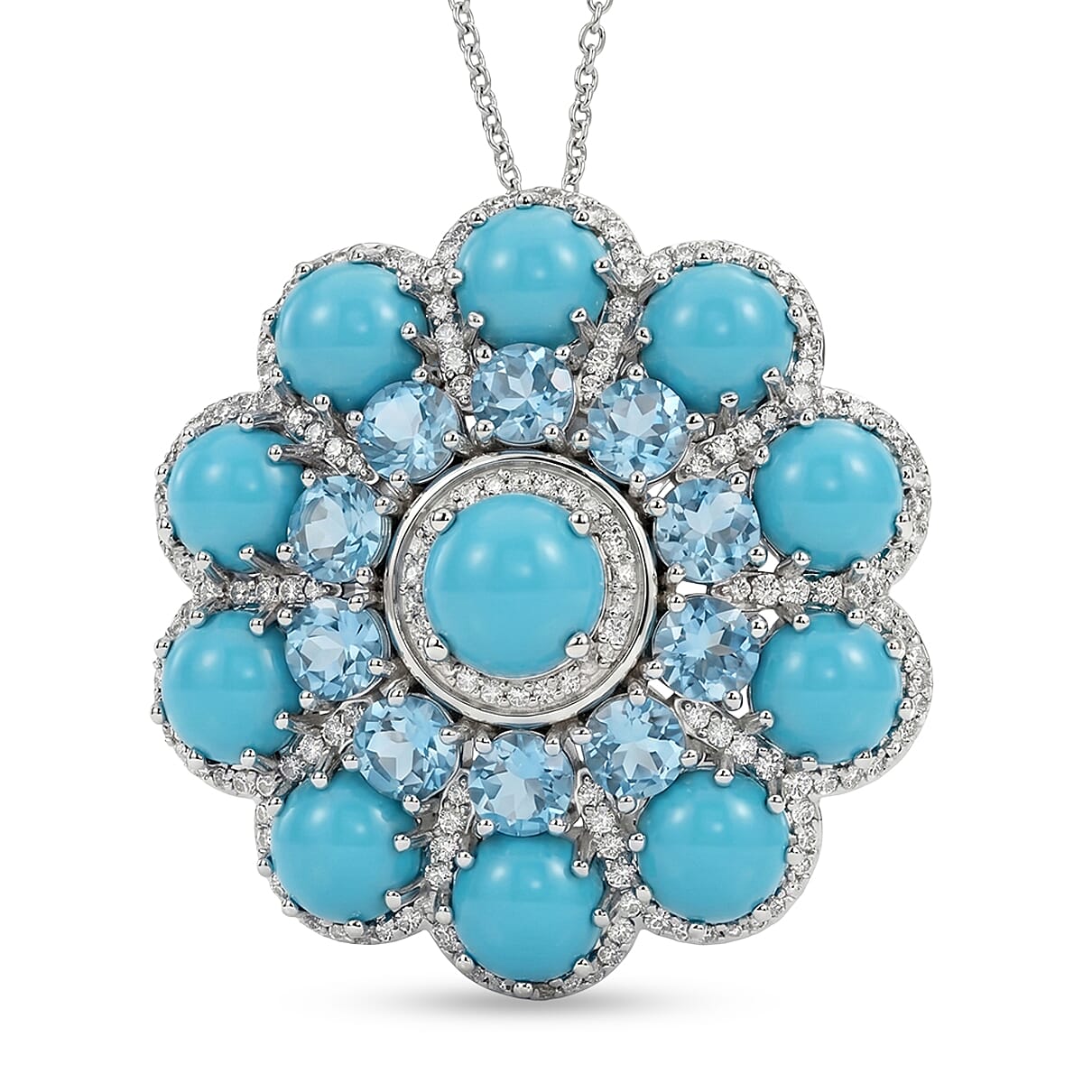 Premium Sleeping Beauty Turquoise, Multi Gemstone Pendant Necklace (20 Inches) in Rhodium Over Sterling Silver 13.25 ctw