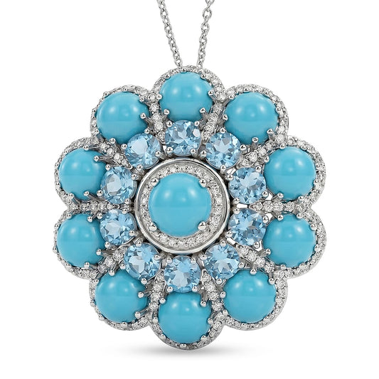 Premium Sleeping Beauty Turquoise, Multi Gemstone Pendant Necklace (20 Inches) in Rhodium Over Sterling Silver 13.25 ctw