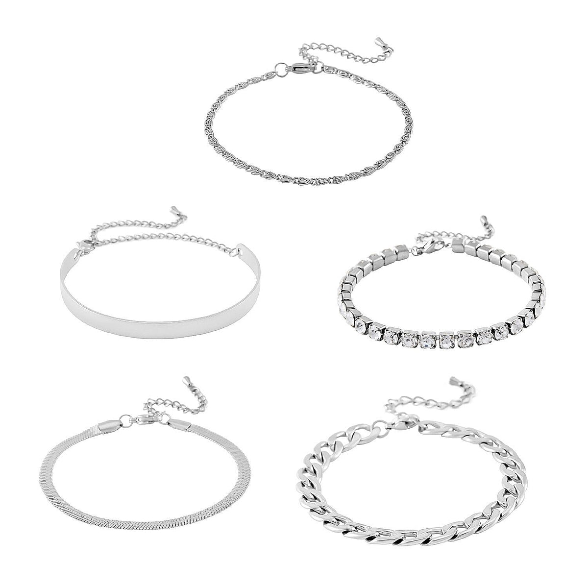White Swarovski Crystal Bracelet (7.50 In) and Bangle Bracelet (Adjustable) in Stainless Steel