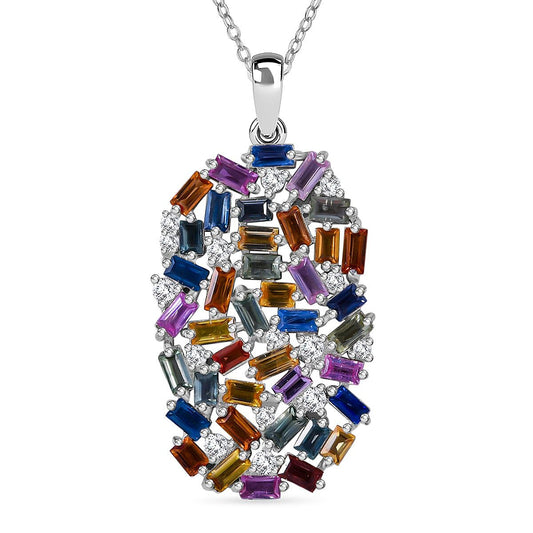 Multi Sapphire, Moissanite Pendant Necklace (20 Inches) in Rhodium Over Sterling Silver 6.00 ctw