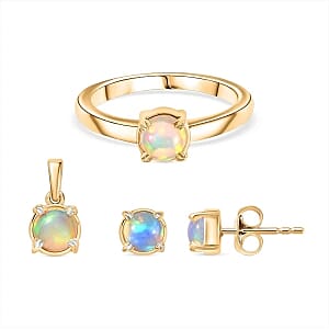 Ethiopian Welo Opal Earrings, Ring (Size 9.0) and Pendant in 18K YG Plated with Stainless Steel Necklace (20 Inches) 2.24 ctw
