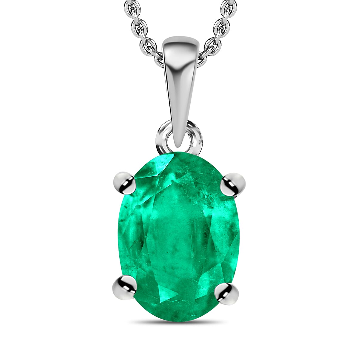Kagem Zambian Emerald Solitaire Pendant Necklace 20 Inches in Platinum Over Sterling Silver 0.80 ctw