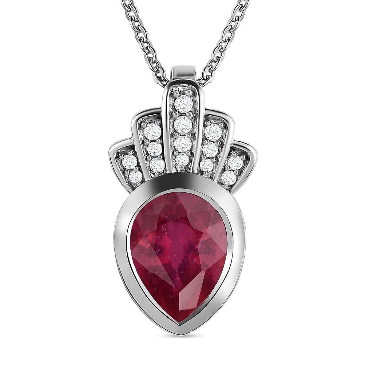 African Ruby, White Zircon Pendant Necklace (20 Inches) in Platinum Over Sterling Silver 2.63 ctw