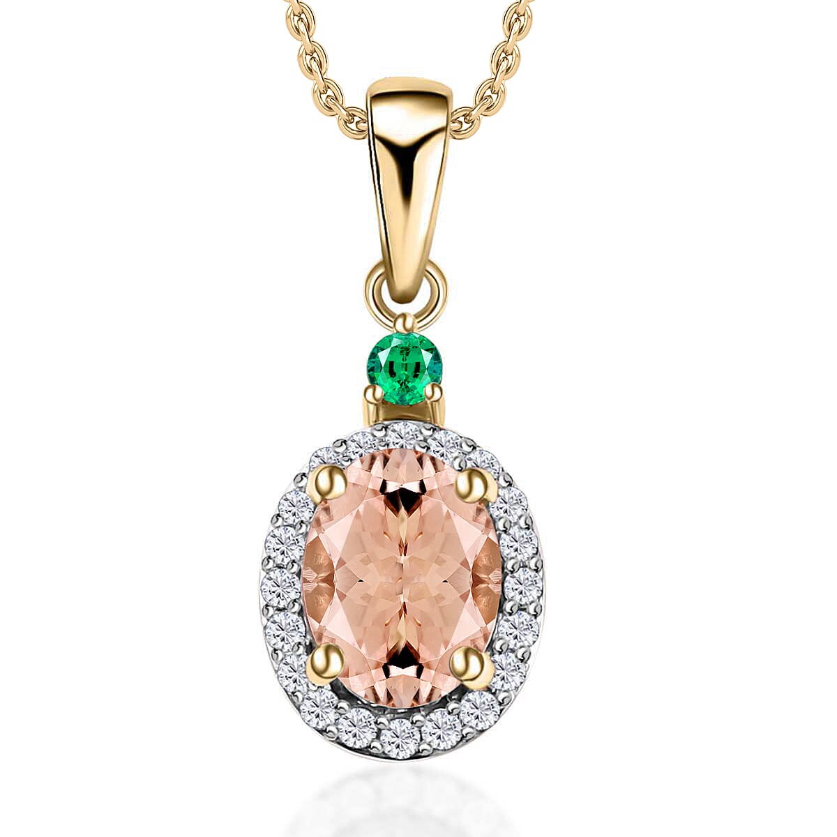 Luxoro 14K White Gold Premium Marropino Morganite, Boyaca Colombian Emerald, Diamond (G-H, I1) (0.16 cts) Pendant Necklace 20 Inches 1.55 ctw