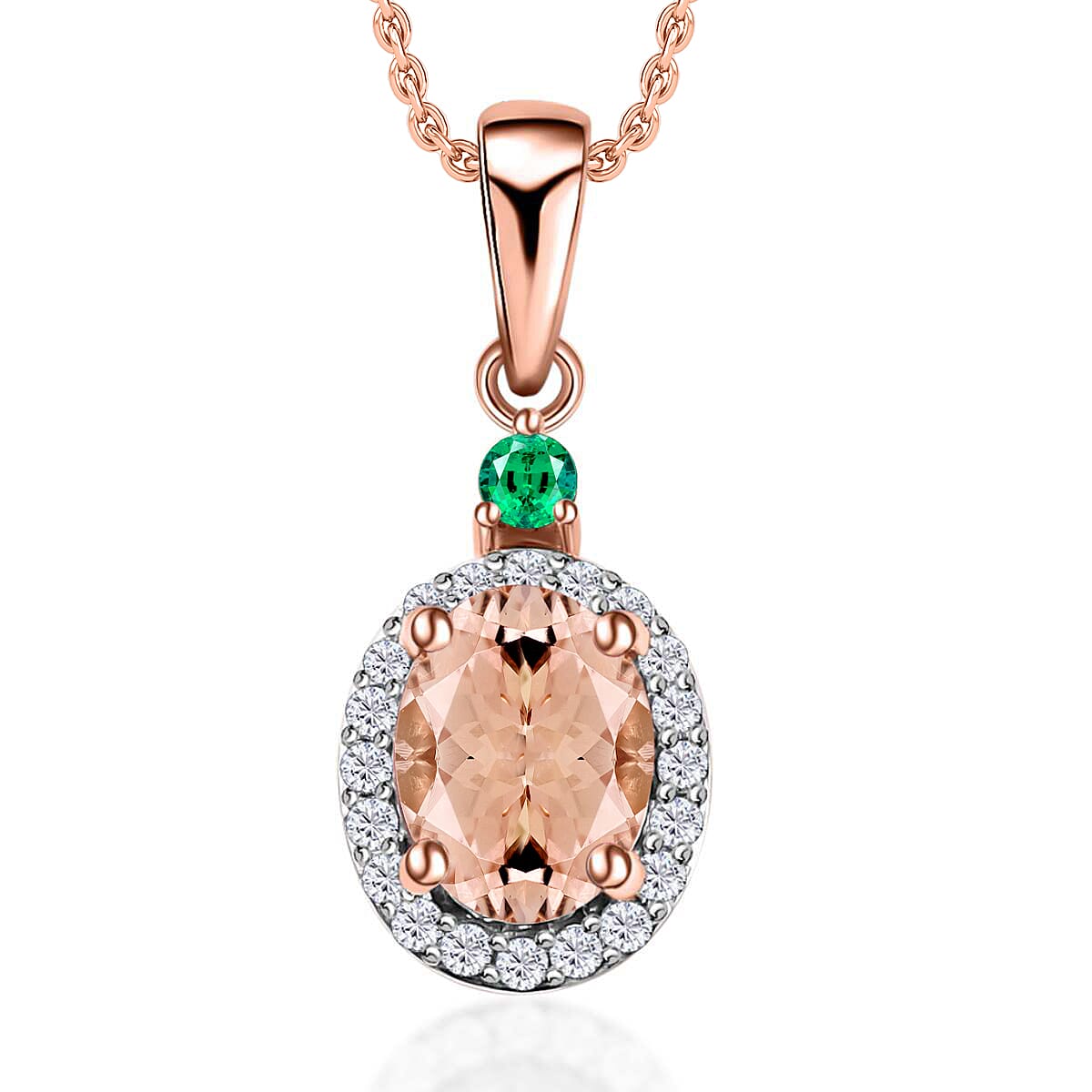 Luxoro 14K White Gold Premium Marropino Morganite, Boyaca Colombian Emerald, Diamond (G-H, I1) (0.16 cts) Pendant Necklace 20 Inches 1.55 ctw
