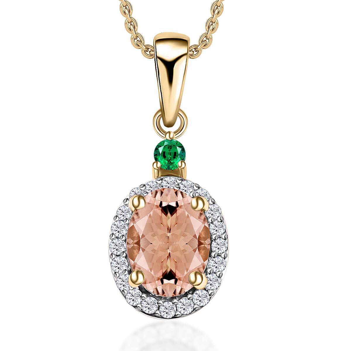 Luxoro 14K White Gold Premium Marropino Morganite, Boyaca Colombian Emerald, Diamond (G-H, I1) (0.16 cts) Pendant Necklace 20 Inches 1.55 ctw