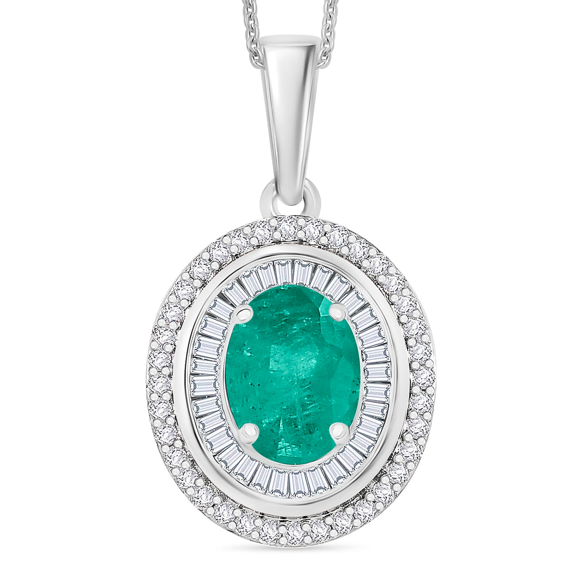 Luxoro Premium Kagem Zambian Emerald and G-H I2 Diamond Pendant Necklace 20 Inches in 10K White Gold 2.25 ctw
