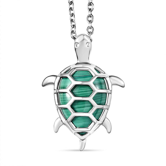 African Malachite Turtle Pendant in Platinum Bond with Stainless Steel Necklace (20 Inches) 5.85 ctw