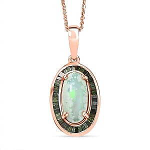 D''Joy Ethiopian Welo Opal, Green Diamond (IR) Pendant Necklace (18 Inches) in 18K Vermeil RG Over Sterling Silver 2.45 ctw
