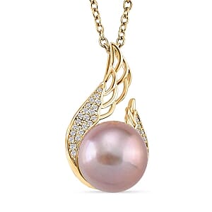 Purple Edison Pearl, Simulated Diamond Pendant in 18K YG Plated with 14K YG Over Copper Necklace (20 Inches) 0.50 ctw