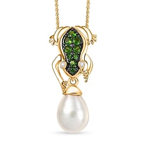 GP Freshwater Pearl and Multi Gemstone Pendant Necklace (20 Inches) in 18K Vermeil YG Over Sterling Silver 0.56 ctw