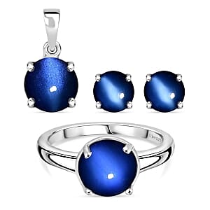 Aurora Moonstone Solitaire Stud Earrings, Ring (Size 9.0) and Pendant in Rhodium Over Sterling Silver 6.76 ctw