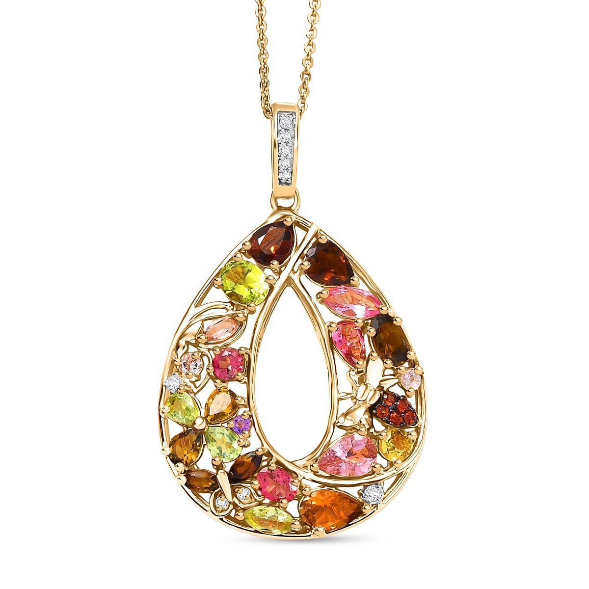 GP Multi-Tourmaline and Multi Gemstone Pendant Necklace (20 Inches) in 18K Vermeil YG Over Sterling Silver 4.00 ctw