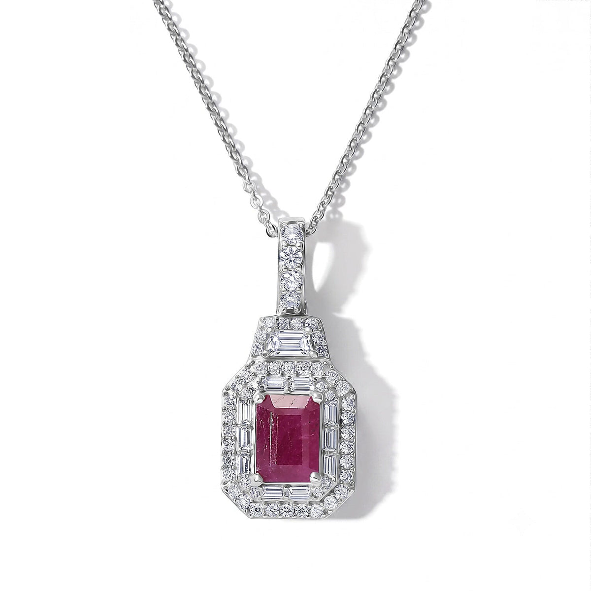 D''Joy Premium Taveta Ruby and Moissanite 2.10 ctw Pendant Necklace in Rhodium Over Sterling Silver 20 Inches