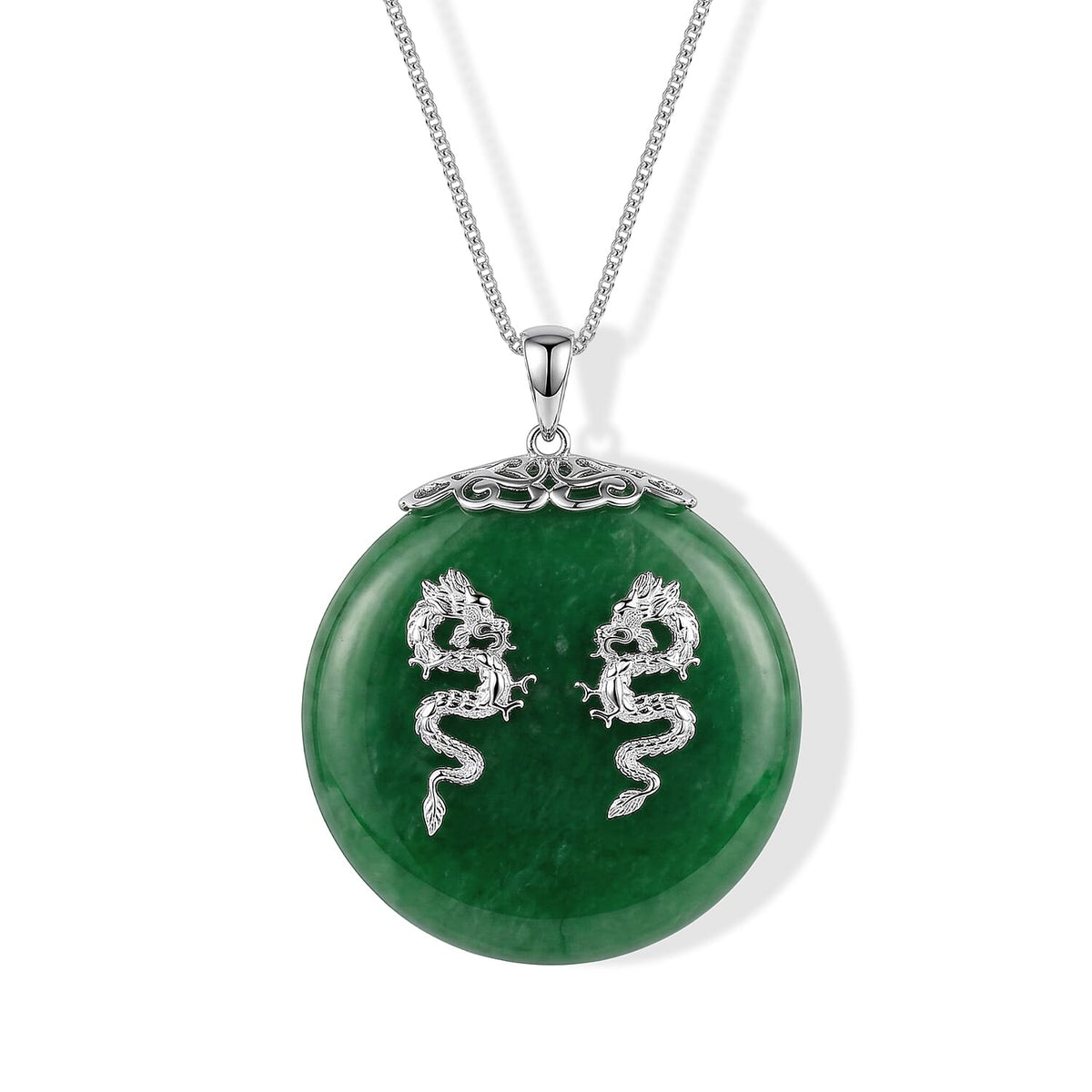 D'Joy Green Jade (D) 63.00 ctw Horse Pendant Necklace (18 Inches) in Rhodium Over Sterling Silver