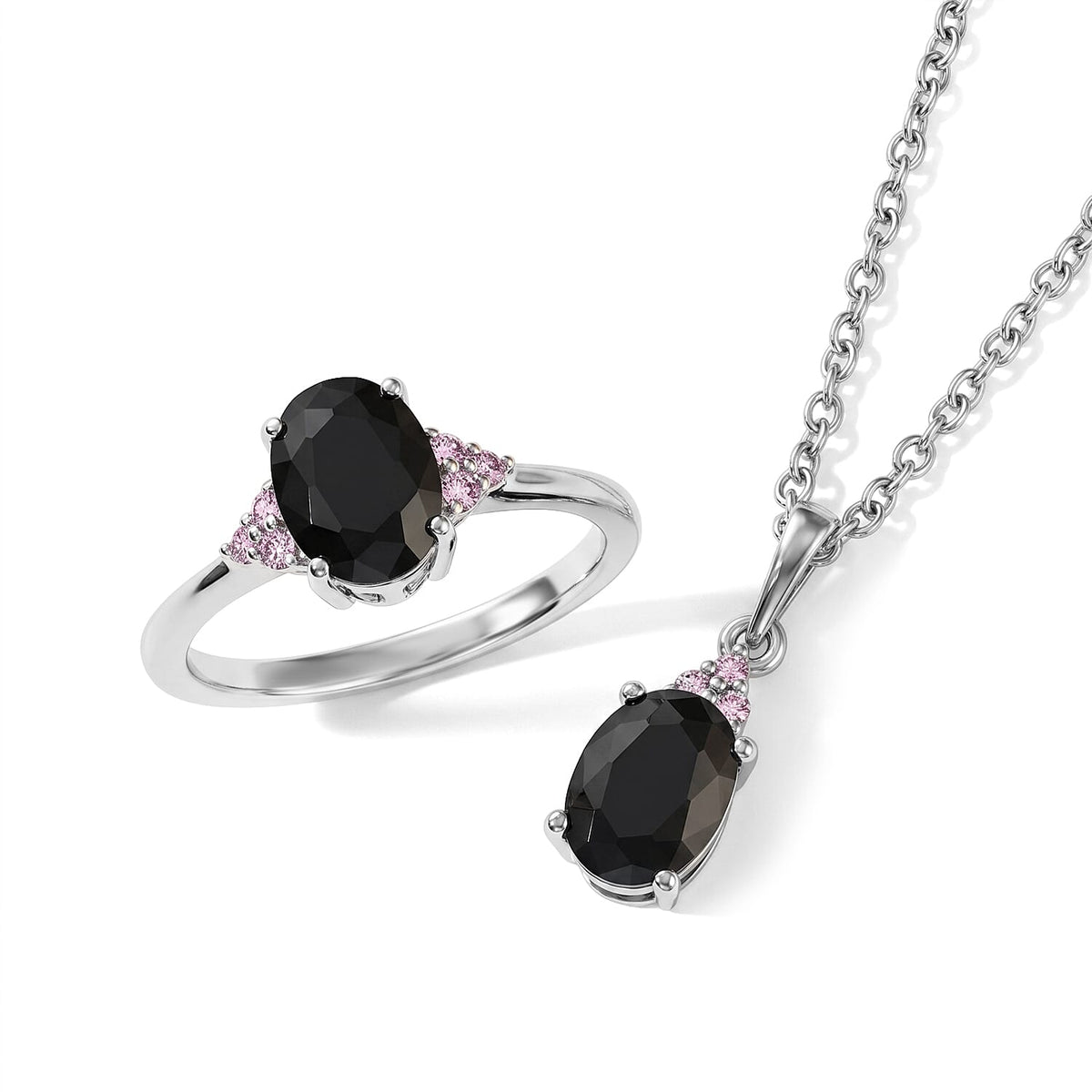 EverTrue Midnight Sapphire, Madagascar Pink Sapphire Ring (Size 6) and Pendant in Platinum Bond with Stainless Steel Necklace (20 Inches) 3.60 ctw
