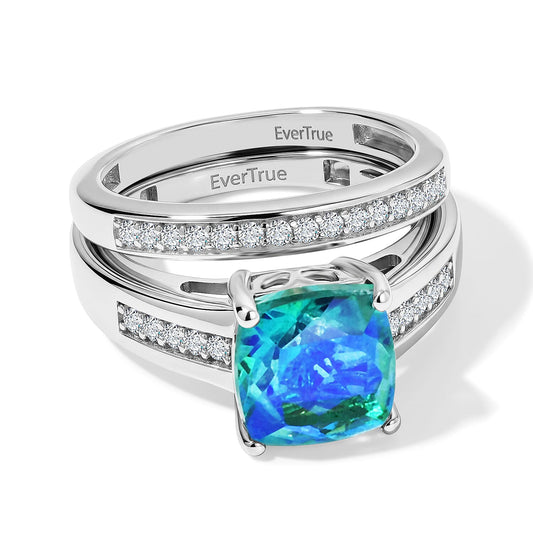 EverTure Peacock Quartz, White Zircon Set of 2 Band Ring in Platinum Bond (Size 6) 3.10 ctw