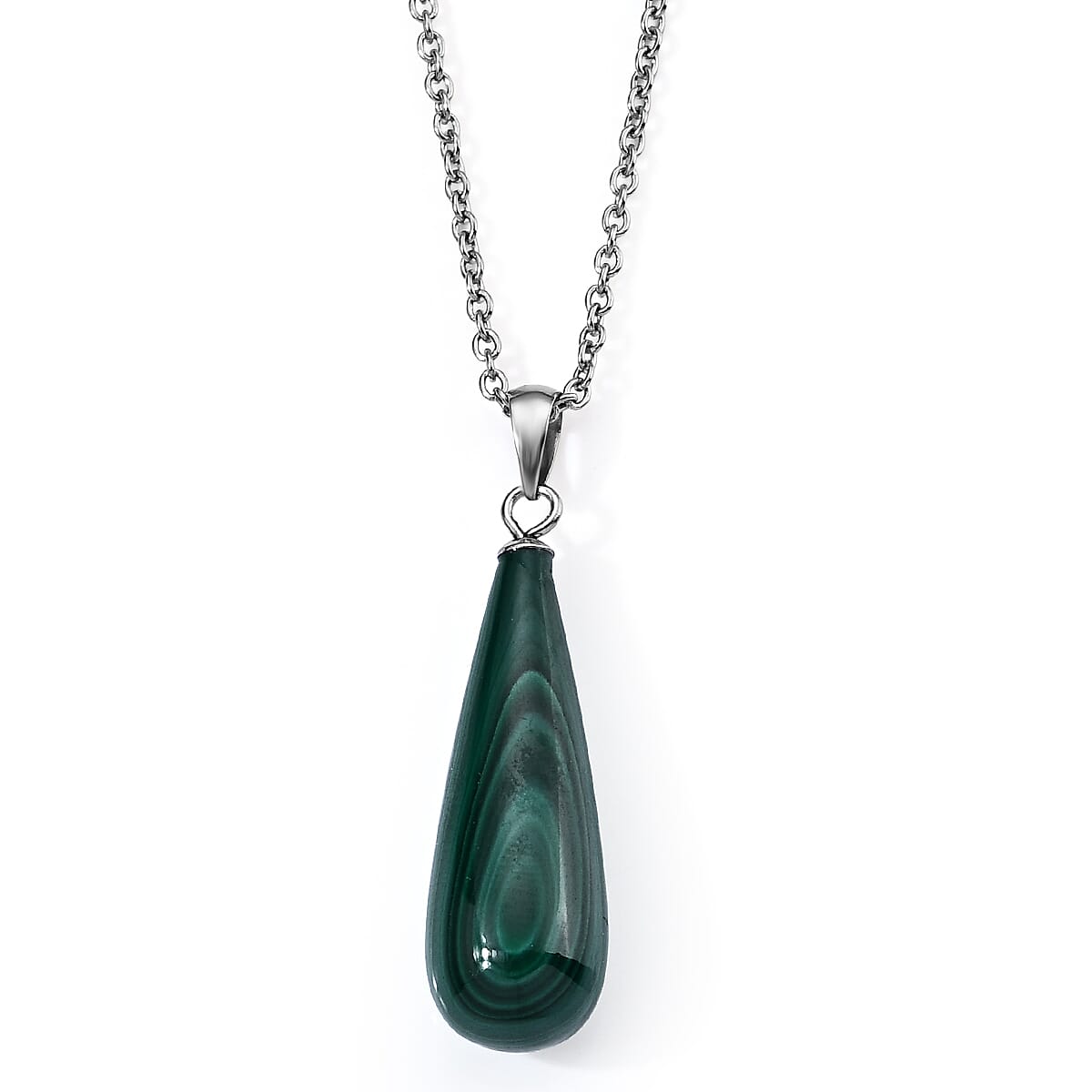African Malachite Pendant in Silvertone with Stainless Steel Necklace (20 Inches) 15.00 ctw