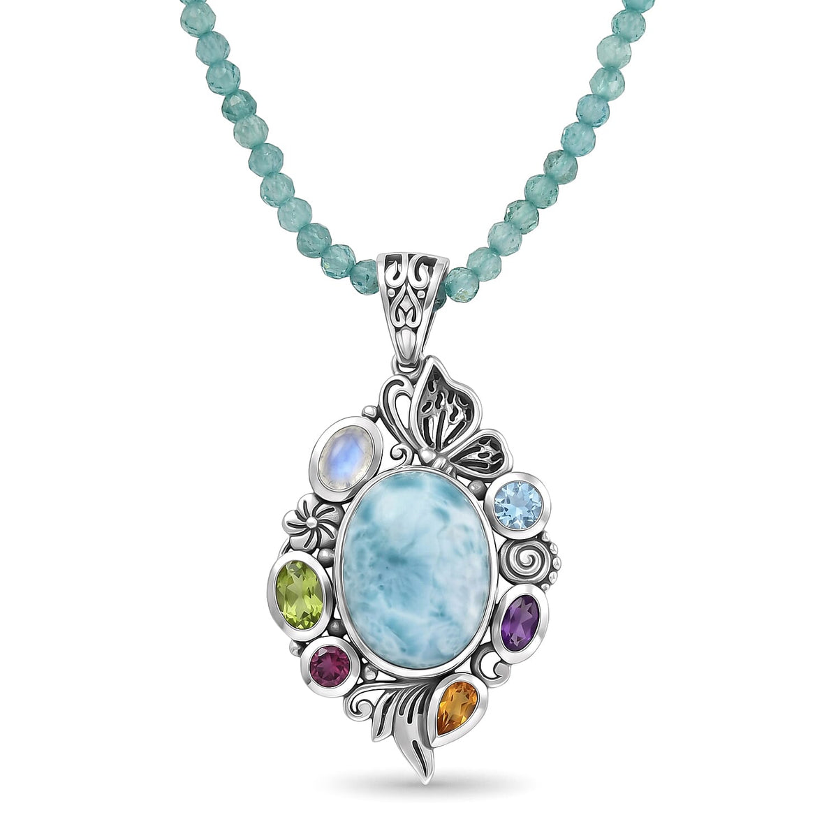 D''Joy Indian Artisan Crafted Premium Larimar, Multi Gemstone Pendant with Beaded Necklace (20 Inches) in Sterling Silver 45.40 ctw