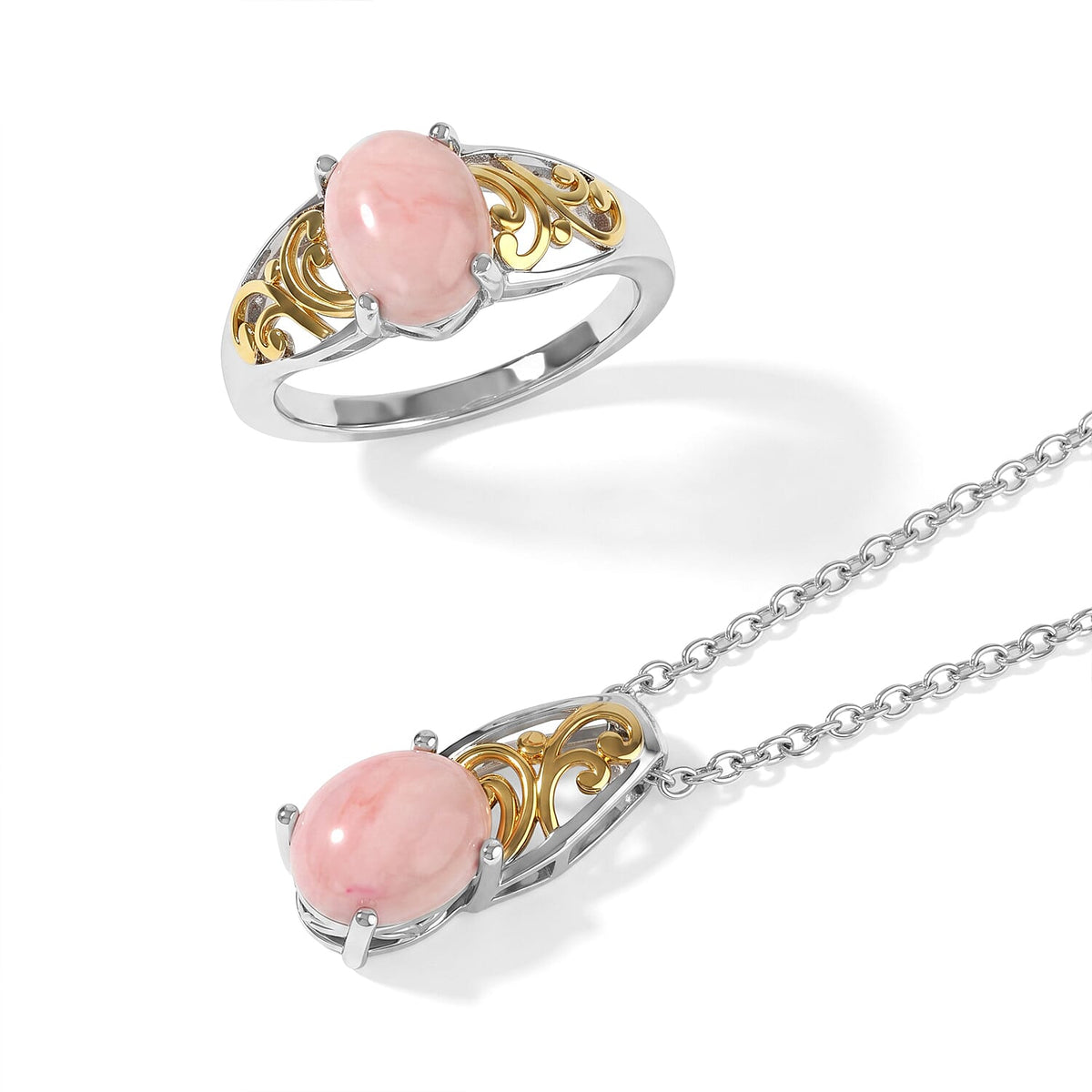 EverTrue Oregon Peach Opal 3.00 ctw Ring (Size 5) and Pendant in Platinum Bond with Stainless Steel Necklace 20 Inches