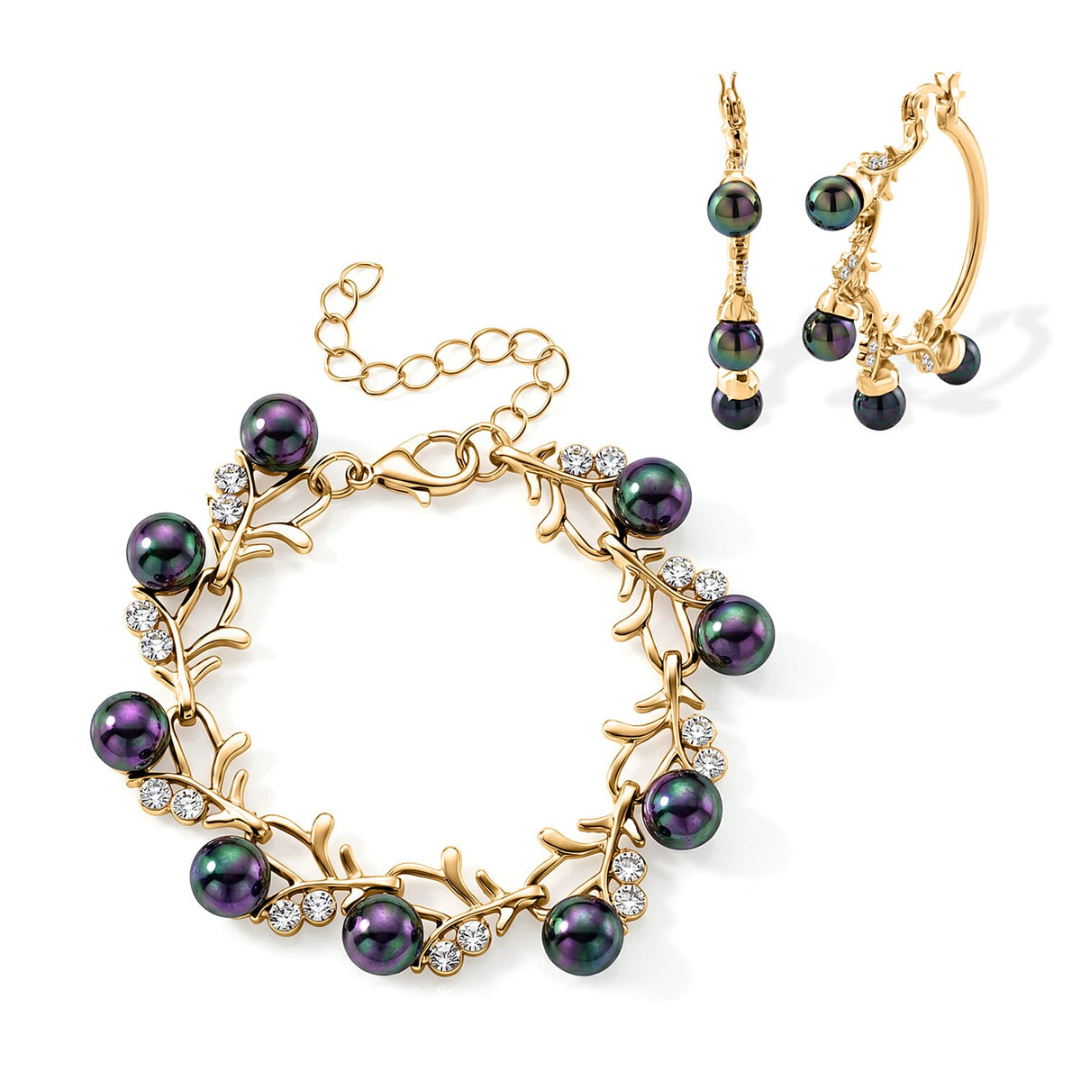 White Shell Pearl and Austrian Crystal Beaded Bracelet (6.5-8.0In) and Earrings in Silvertone